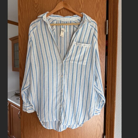 Aerie Linen Blend Coverup Shirt, NWT, Womens, Blue & White, XXS, Oversized - Picture 1 of 7
